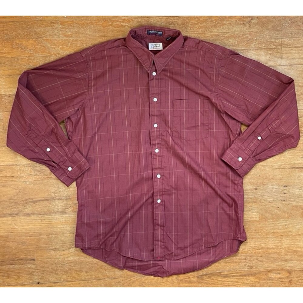 Vintage Burgundy Plaid Oxford Shirt Size Large 1970s Pima Cotton Blend Collared - Picture 1 of 4
